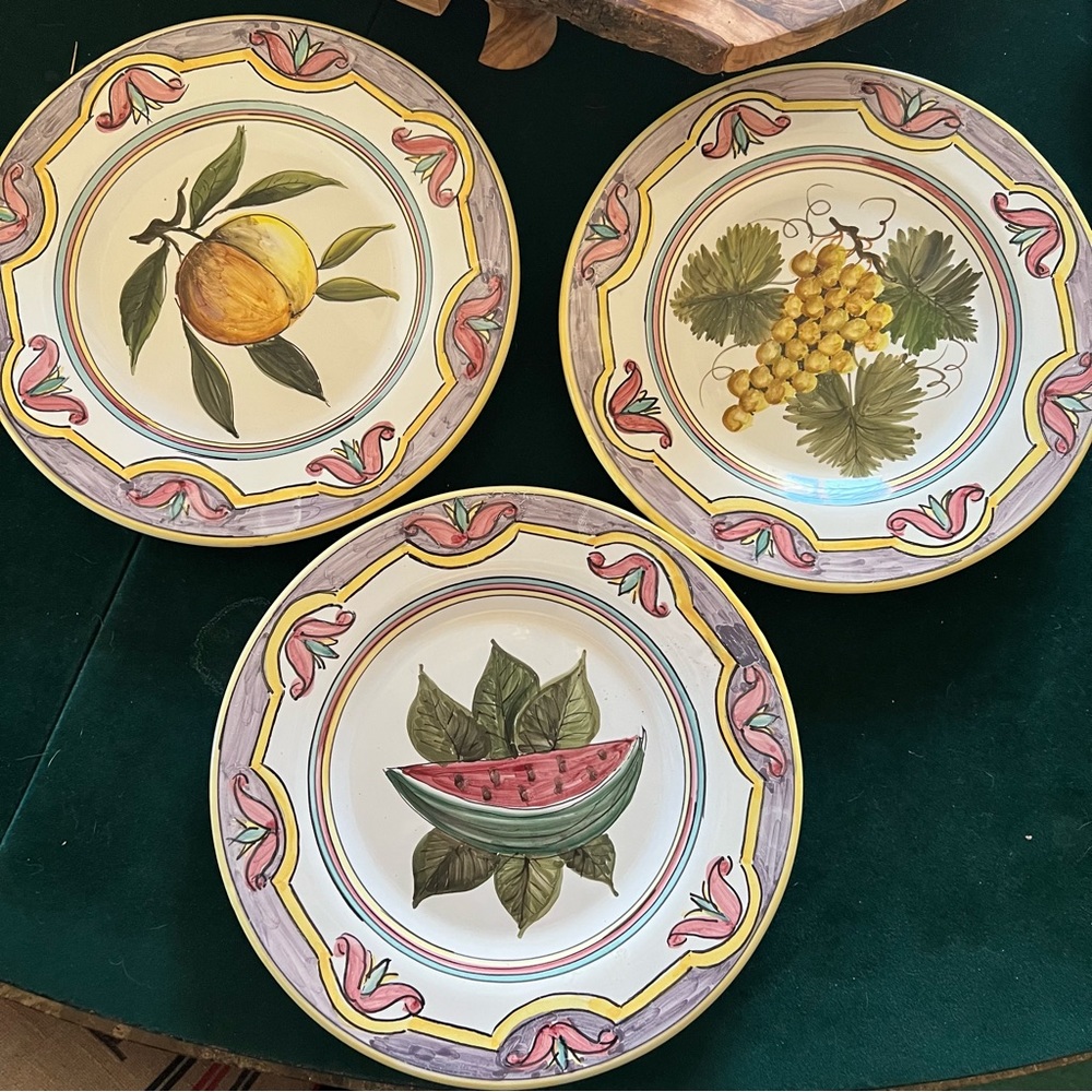 Trio of hand-painted 8.5” fruit decor plates.